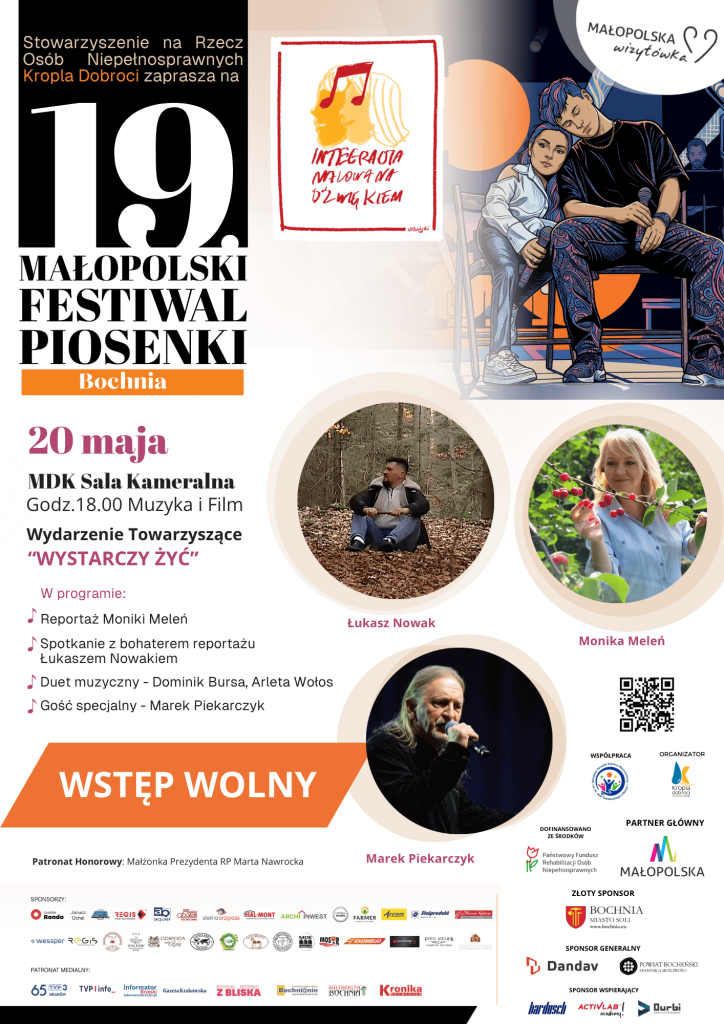 Plakat wydarzenia towarzyszącego Muzyka i Film pt. "Warto żyć" podczas 19. Małopolskiego Festiwalu Pisoenki "Integracja malowana dźwiękiem".